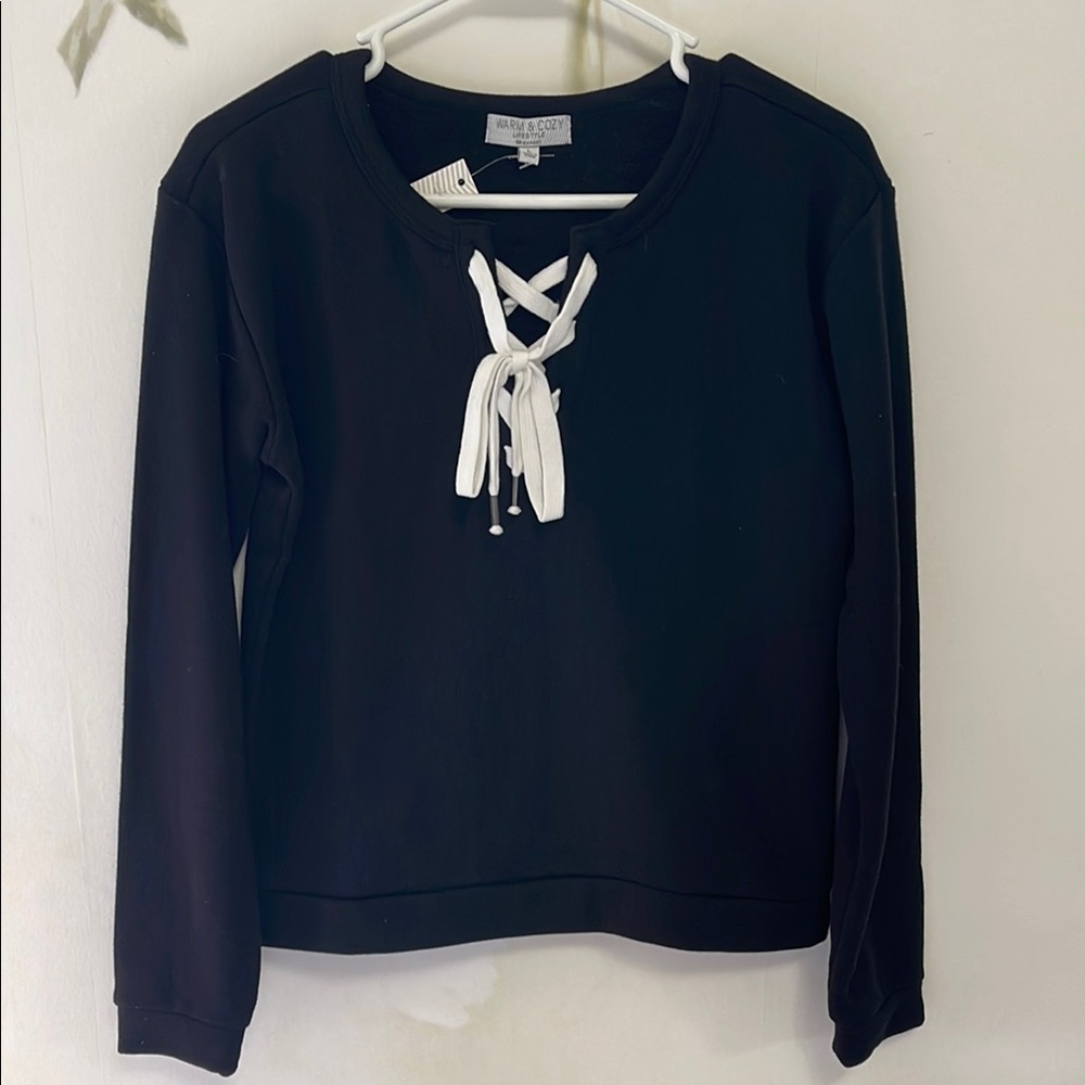Black Long Sleeve Tie Front Fleece Top